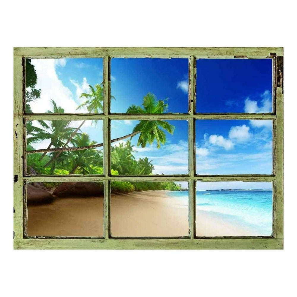 Window View Wall Mural Tropical Beach with Palm Trees Vintage Style