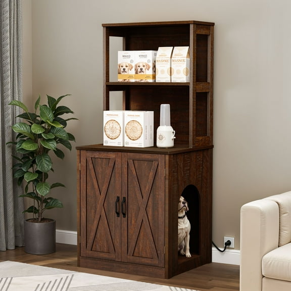 Craftian Hidden Litter Box Cabinet with Charging Station – Cat Enclosure for Self-Cleaning Litter Boxes (Fits Up to 30.5"), Modern Storage Furniture, Brown