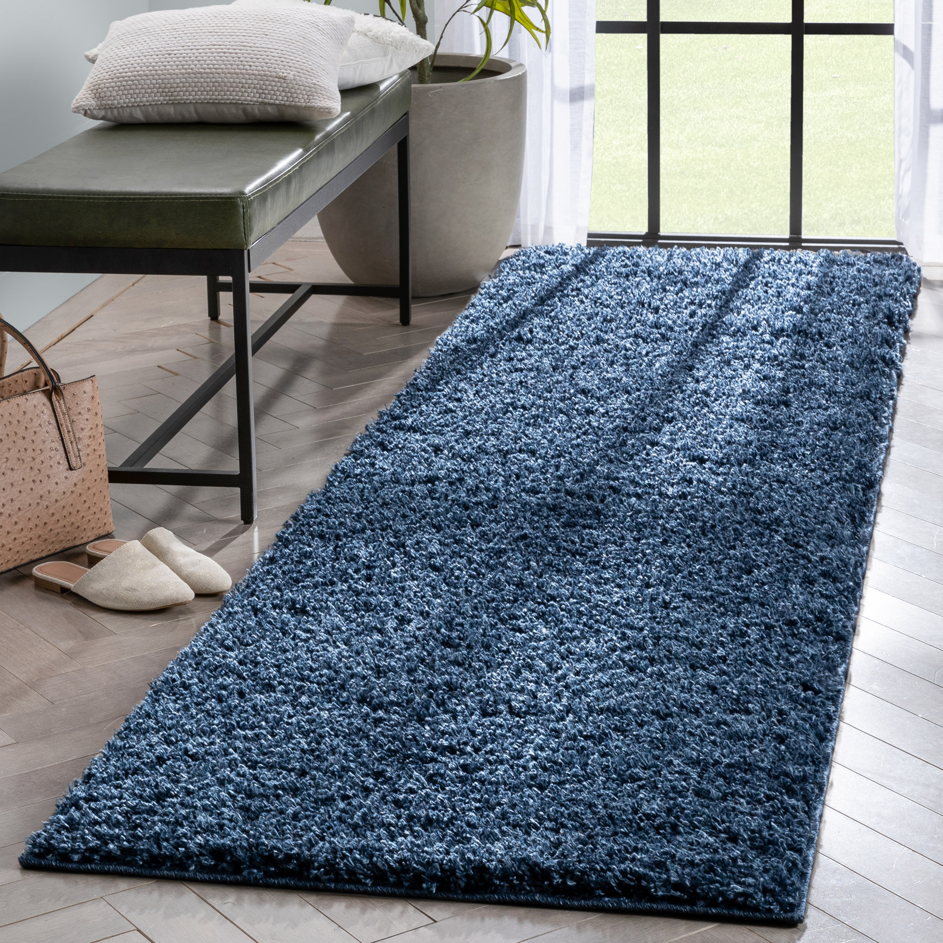 Well Woven Elle Basics Emerson Modern Textured Solid Dark Blue 2'7" x 9'6" Runner Rug