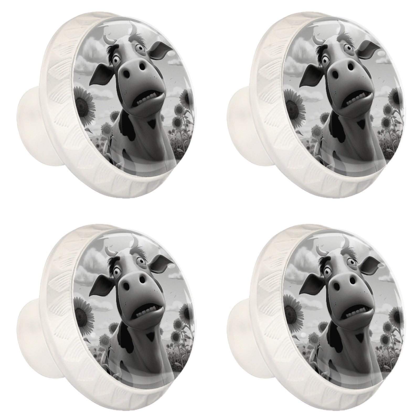4 Pcs Cow and Sunflower Knobs for Kitchen Cabinet Cupboard Dresser Bookcase Drawer Pulls Handles Round Home Decor