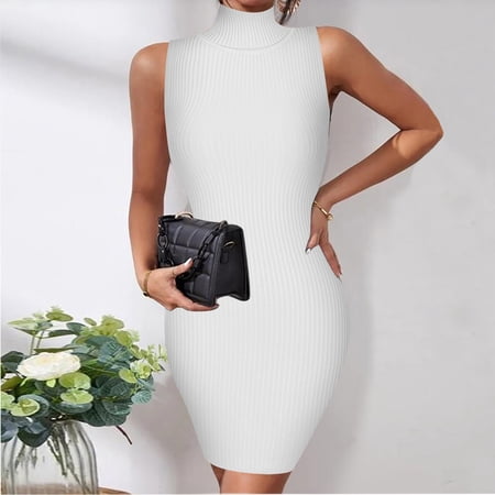 Lilgiuy Women's Casual Slim Fit Solid Color Turtleneck Sleeveless Hip Dress Fall Dresses for 2022 Spring Winter
