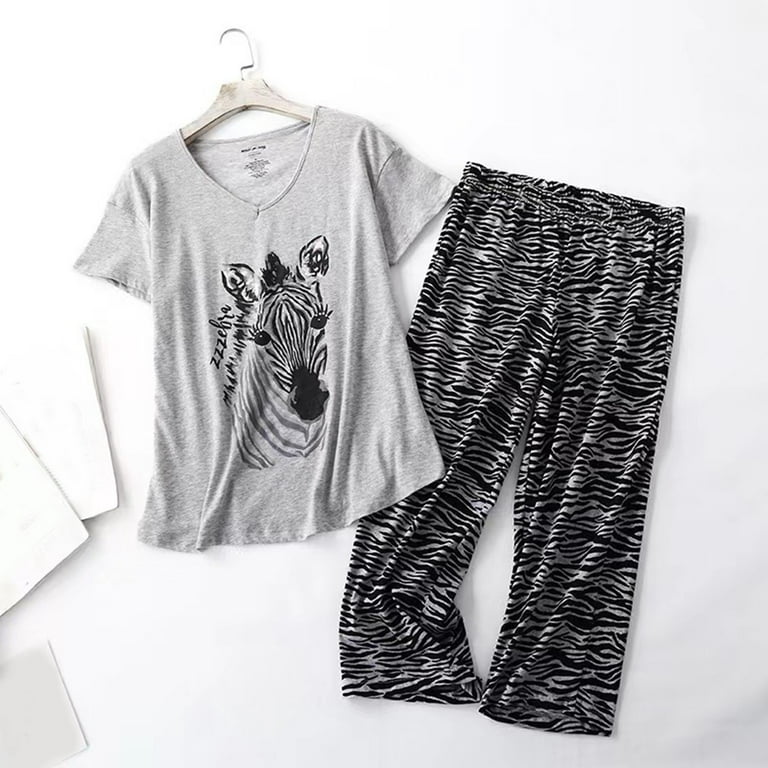 Kcodviy Women Cotton Pajamas Set Short Sleeve Top Capri Pants Sleepwear Plus Night Gown Womens Pajamas Women Petite Pajamas Women Womens Sleep Set Woman Sleepwear Dresses Soft Pajamas Set Dress Sleep