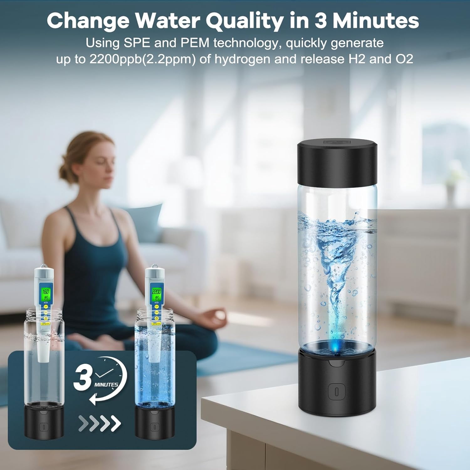 LC-dolida Hydrogen Water Bottle, 460ml Portable SPE/PEM Tech Hydrogen Water Machine with LED Light, 1800PPB Hydrogen Concentration for Home Office Gym Travel (Black)