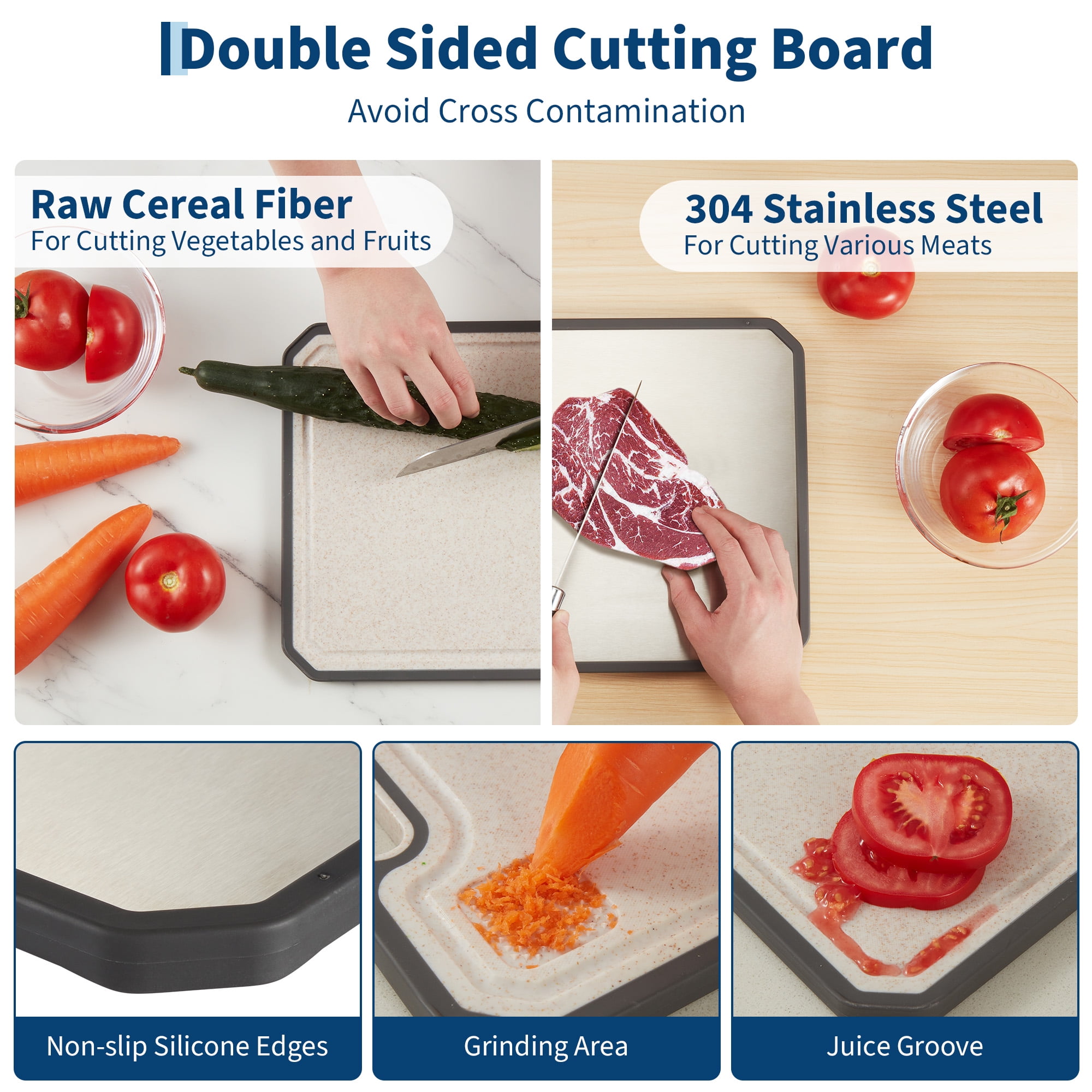 Double-Sided 304 Stainless Steel & Titanium Cutting Board with Deep Juice Groove & Built-in Handles, Easy to Clean Chopping Board, for Kitchen – 15x10 Inch