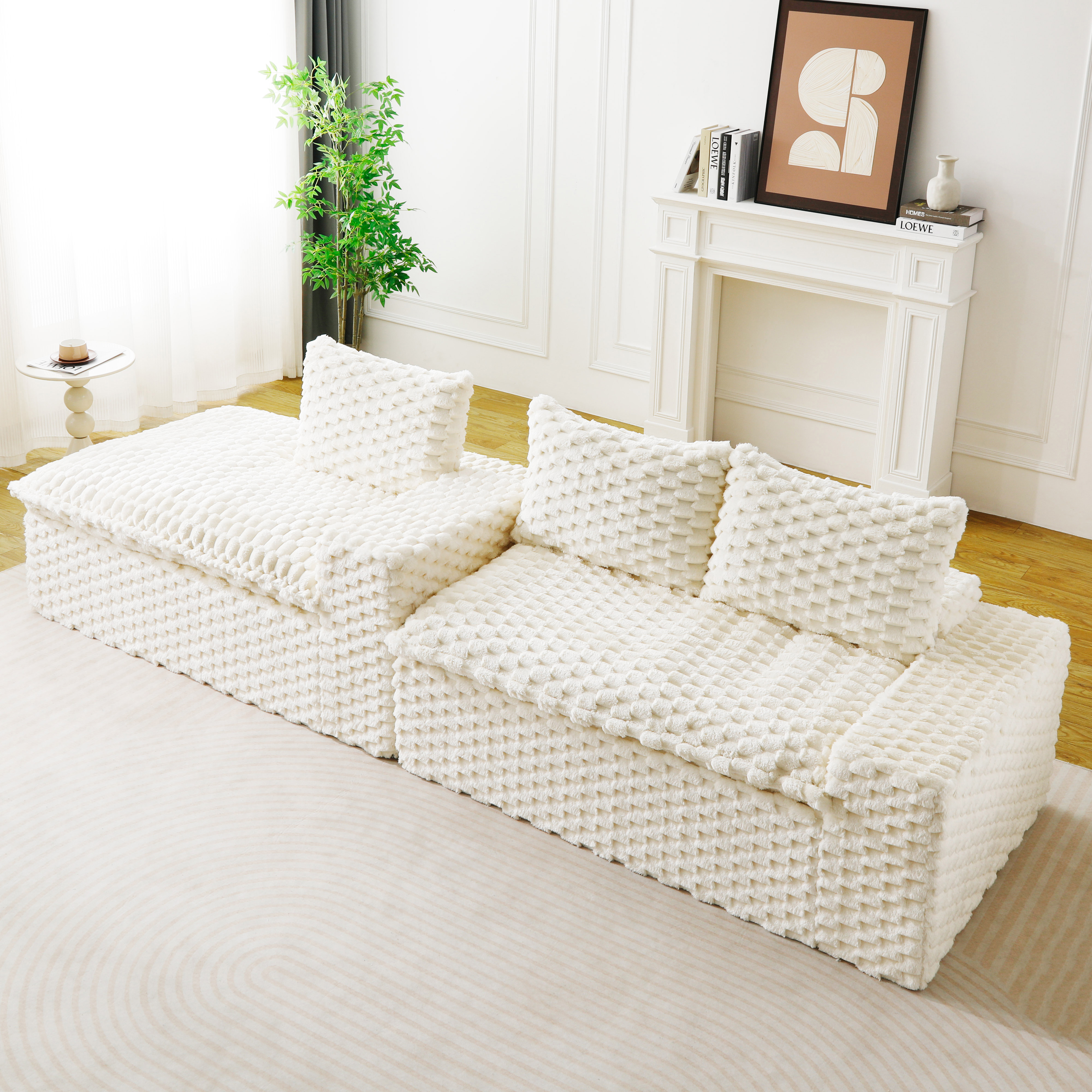 HOQBN 96"W Modular Sectional Sofa,L Shape Modern Corduroy Cloud Couch,Upholstered Deep Seat Boneless Sofa Couch with Left Chaise Lounge for Living Rooms,No Assembly Required,White