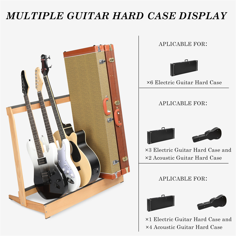Tcbosik Guitar Rack Stand, Hardwood Folding Display Guitar Rack, Holds up to 6 Electric Guitar Hard Case, for Outing Gigs, Home, Studio, Natural