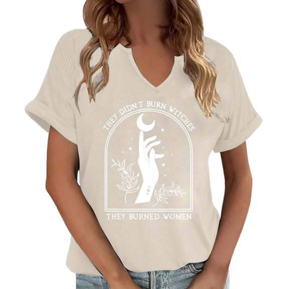 Tiweut T Shirts for Women Short Sleeve Graphic Printed Flowy V Neck Summer Pullover Tees,Beige