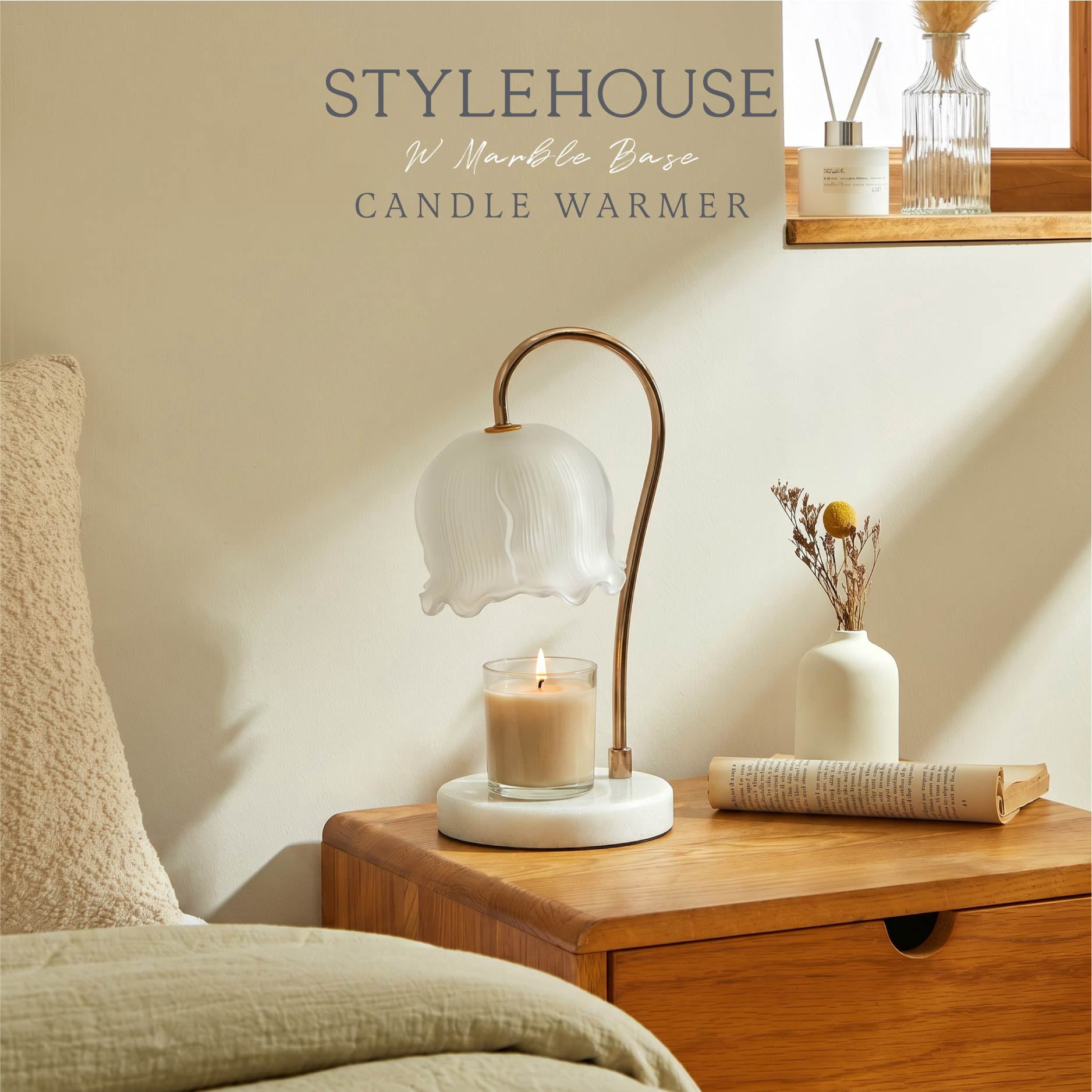 Stylehouse Home Decor Collection Scalloped White Glass Candle Warmer Lamp with Floral Shade