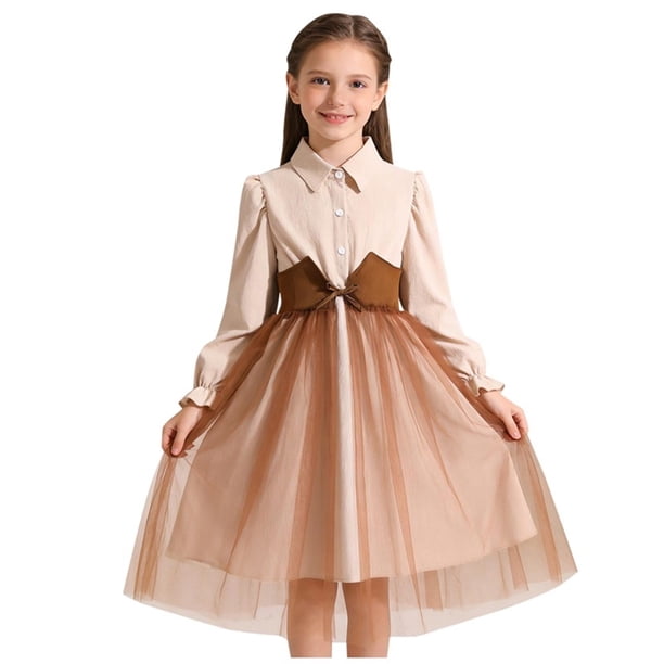 Vestido Formal Corto de Manga Larga Estilo Vestido de Malla de Solapa de Color Sólido para Niños con Mangas Hinchadas Y Falda en Capas, Cintura de Contraste con Arco, Vestido Cómodo Casual para Niños