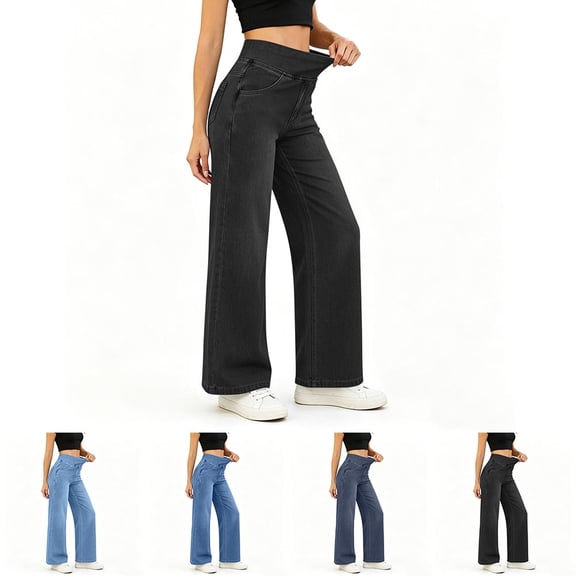 Straight Leg Jeans for Women High Waisted Stretch Denim Pants with Pocket, Fashion Casual Elastic Waist Slim Fit Jean