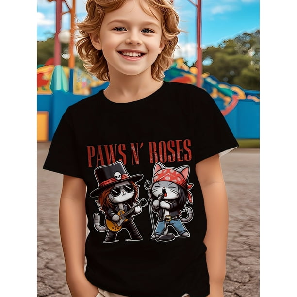Camiseta juvenil con estampado 3D de gato de la banda de rock PAWS N ROSES - Camiseta de verano de manga corta, camiseta de fiesta para jóvenes | Ropa con temática de rock | Camiseta ligera para jóv