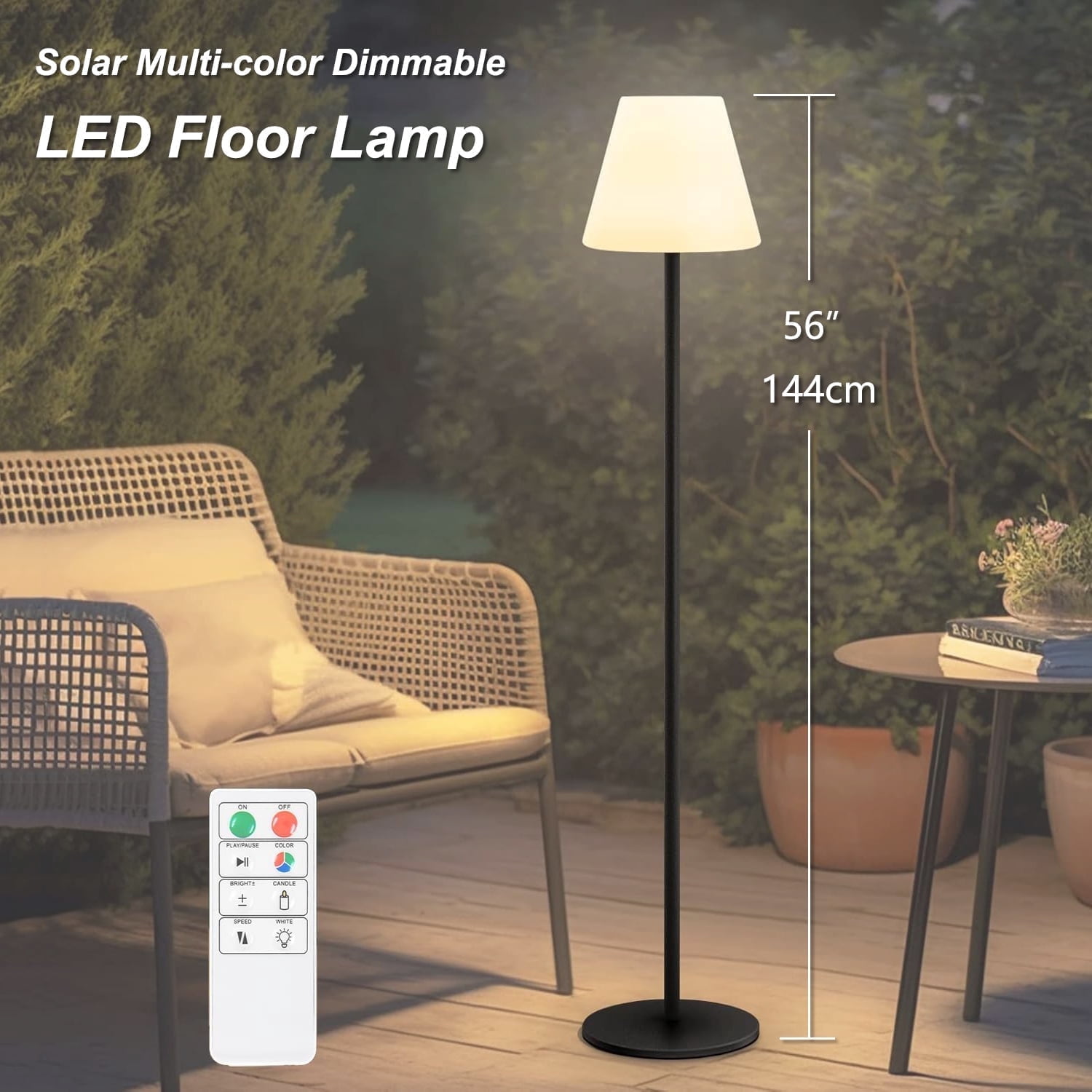 Postlucky 56" Solar LED Floor Lamp Dimmable with Remote Control, RGB Color, USB Charging, Cone Shade