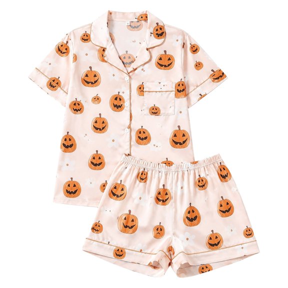 Matching Sets Women Clothing Simple Short Sleeve Button Down Soft Fabric Tops And Shorts Soft Pajama Set Beige L