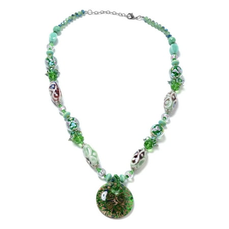 - Round Murano Millefiori Glass Enhanced Green Quartzite Pendant with Beads Necklace 28