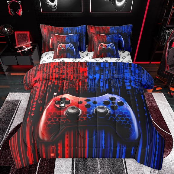 Feelyou Futuristic Gamepad Boys Twin Bedding Sets 7-Piece, Fashion Red Blue Honeycomb Bedding Comforter Set, Modern Video Game Reversible Sheet Sets, Ultra Soft Bedroom Decor