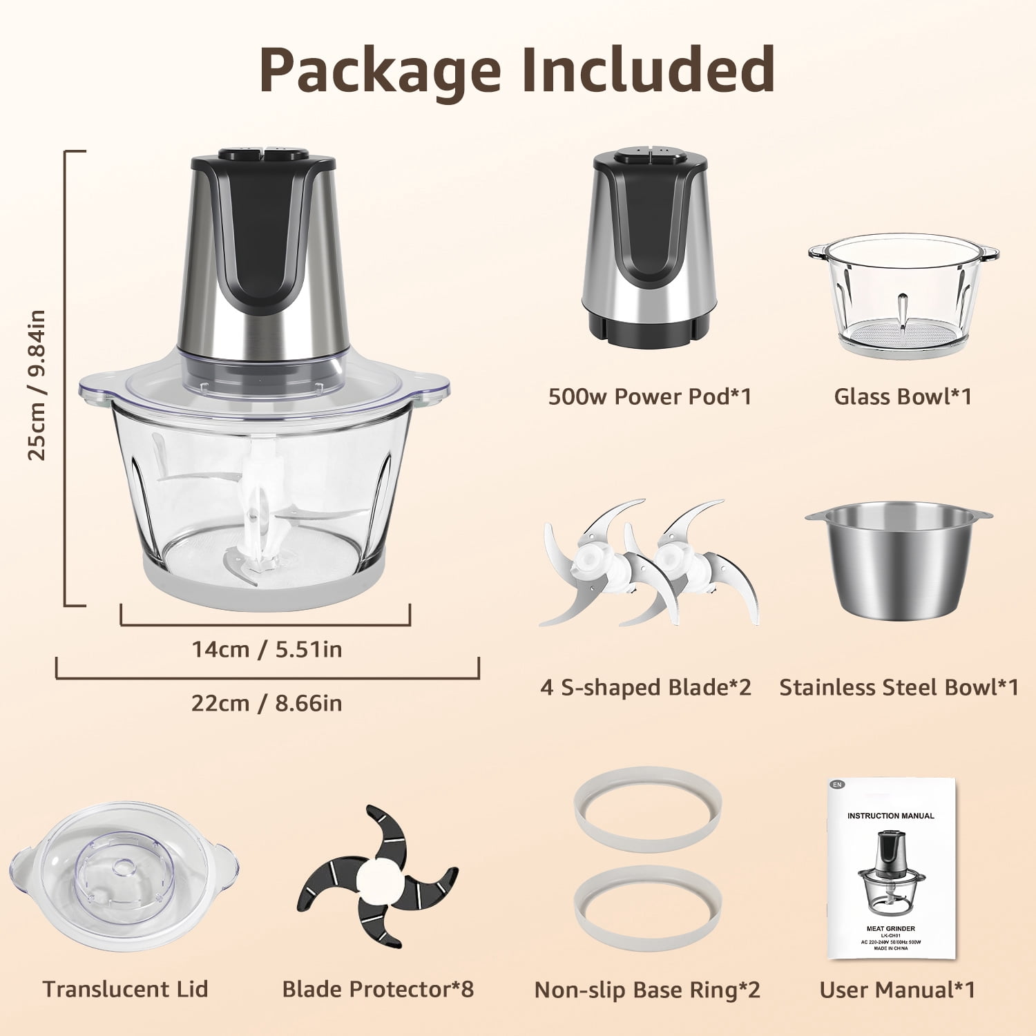 CUOCCO PRO 500W Food Processor, Electric Food Chopper with 2 Bowls (8 Cup+8 Cup), Meat Grinder for Vegetable, Baby Food, Salsa, Includes 2 Sets of Bi-Level Blades