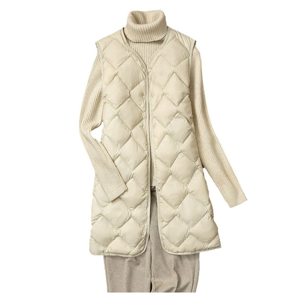 FNFHFY Long Puffer Vest Women Lightweight Quilted Sleeveless Jacket Solid Color Puffer Jackets Snap Down Winter Coat with Pockets