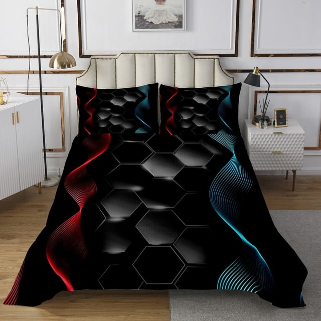 Red and Blue Geometry Queen Bedspread Set,Neon Lights Stripes Hexagonal Bedspread Sets,Geometric Honeycomb Bedding Set,Glowing Ombre Striped Lines Coverlet Set with 2 Pillow Cases