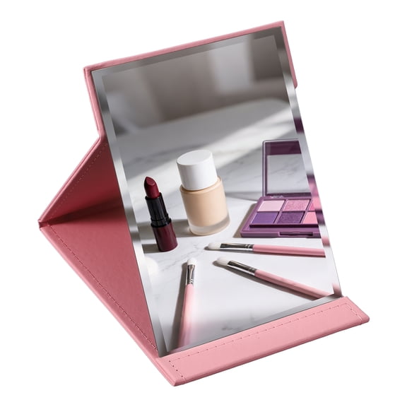 Uxcell Folding Makeup Mirror, 6x8.1" PU Leather Rectangular Vanity Mirror with Adjustable Stand for Desktop Camping Travel Cosmetic, Pink