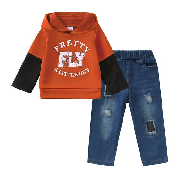 18 Months Baby Boys Clothes 24 Months Boys 2PCS Hoodie Outfits Set Letter Print Toddler Boys Long Sleeve Top Denim Pants Set Brown