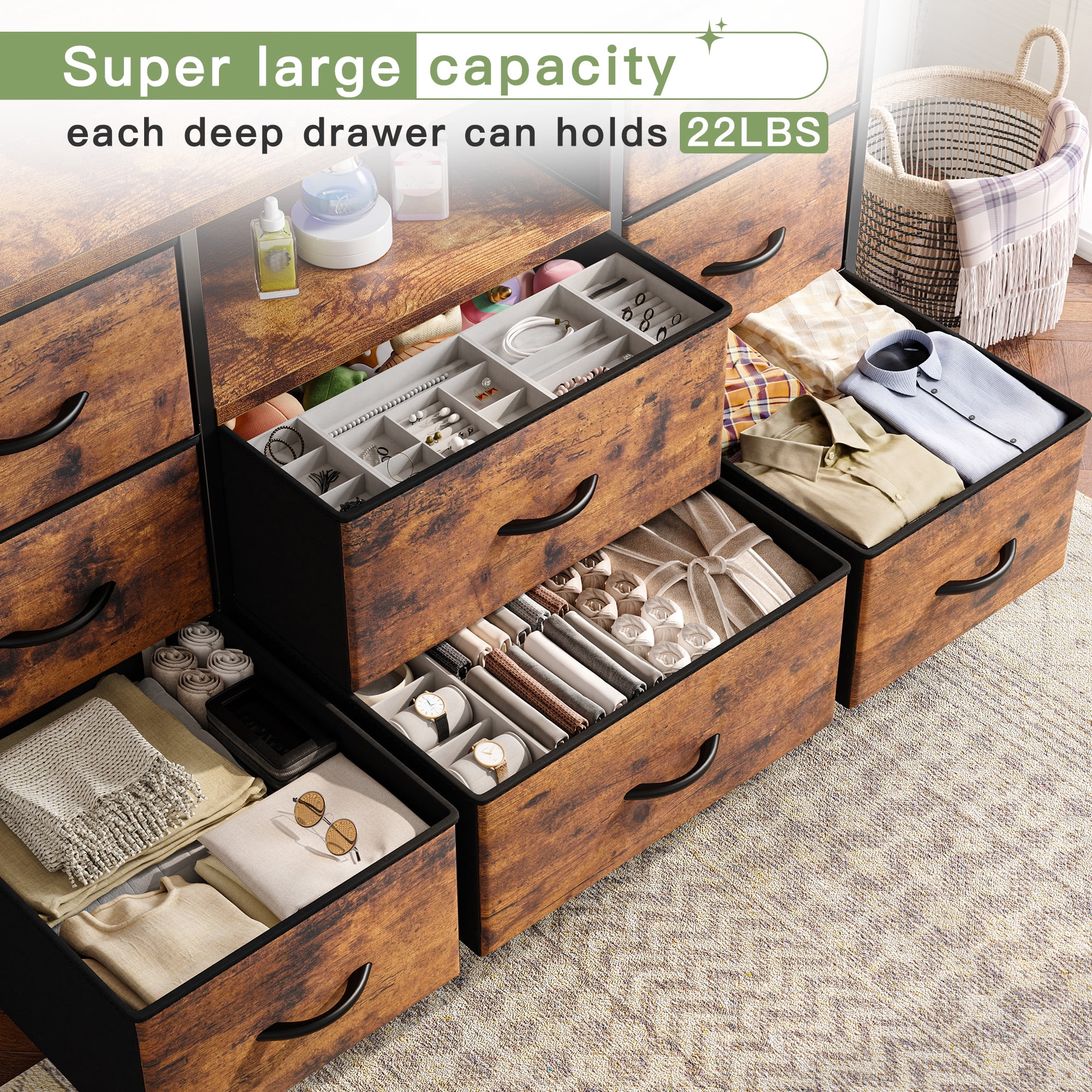 8 Drawers Dresser for Bedroom with Charging Station Fabric Chest of Drawers,Rustic Brown