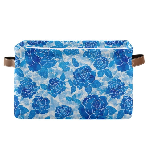 Storage Bins with Handle Fabric Organizer Basket Foldable Box 1 Pack Blue Watercolor Roses 14.2x10.2x8.3