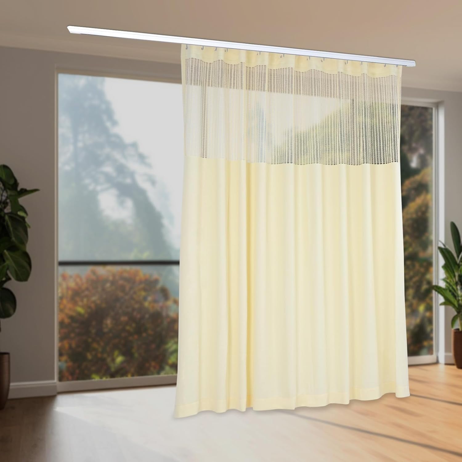 Room Divider Curtain for SPA, Privacy Cubicle Curtain with Mesh Top, 1 Panel, 15ft Wide x 8ft Tall Grommet Curtain
