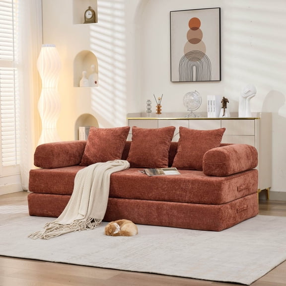 Full Size Sofa Beds Comfy Convertible Folding Mattress Couch, Floor Sofa Bed, Chenille Floor Sofa with Armrest, Floor Sofa Lounge Couch for Living Room Bedroom Lounge Studio-Orange,Sleeper Sofa