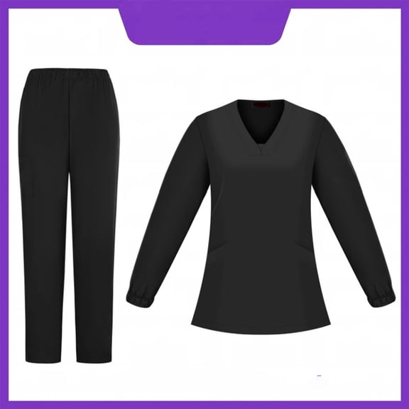 Nursing Scrubs For Women 2 Piece Uniform Set V Neck Long Sleeve Top With Elastic Cuffs Full Elastic Waist Straight Leg Pants Black L