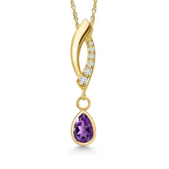 Gem Stone King 14K Yellow Gold Purple Amethyst and Lab Grown Diamond Pendant Necklace for Women | 0.39 Cttw | Gemstone February Birthstone | Pear Shape 6X4MM | With 18 inch Chain