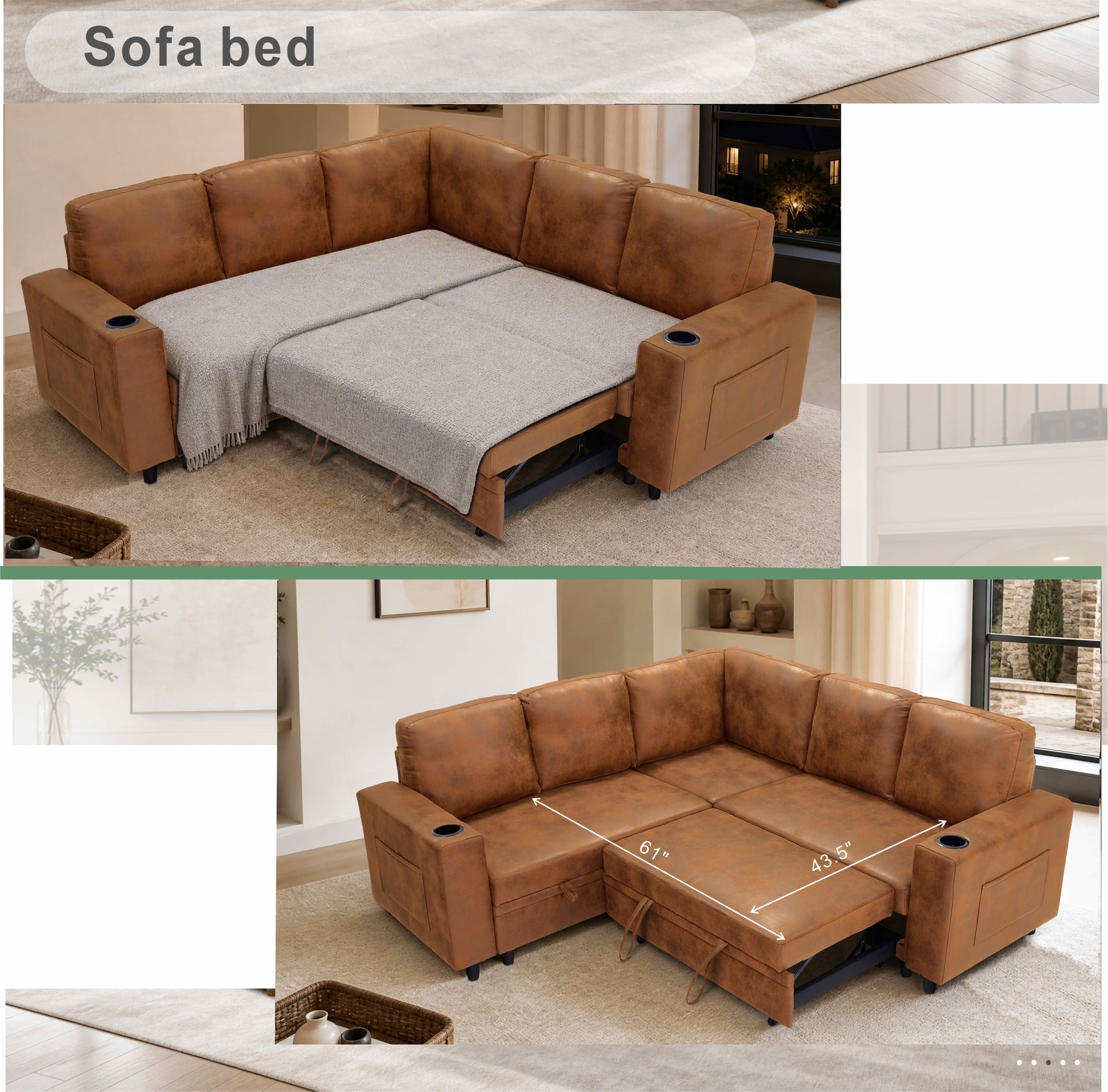 MAYEERTY 76.5 Inch L‑Shape Convertible Sectional Sofa Bed, Nubby Fabric Corner Couch with Pull‑Out Sleeper, Storage, Cup Holders and Side Pockets