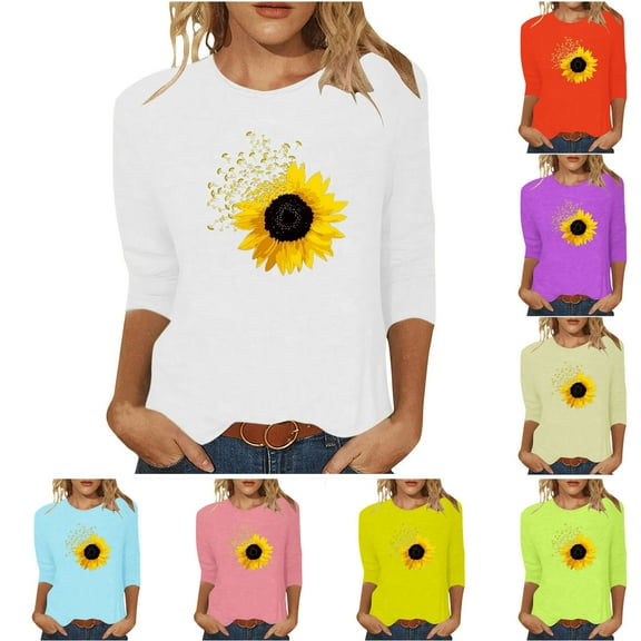 Patlollav Pntutb Women T-Shirts Clearance,Ladies Print Mid-Length 3/4 Sleeve Blouse Tops