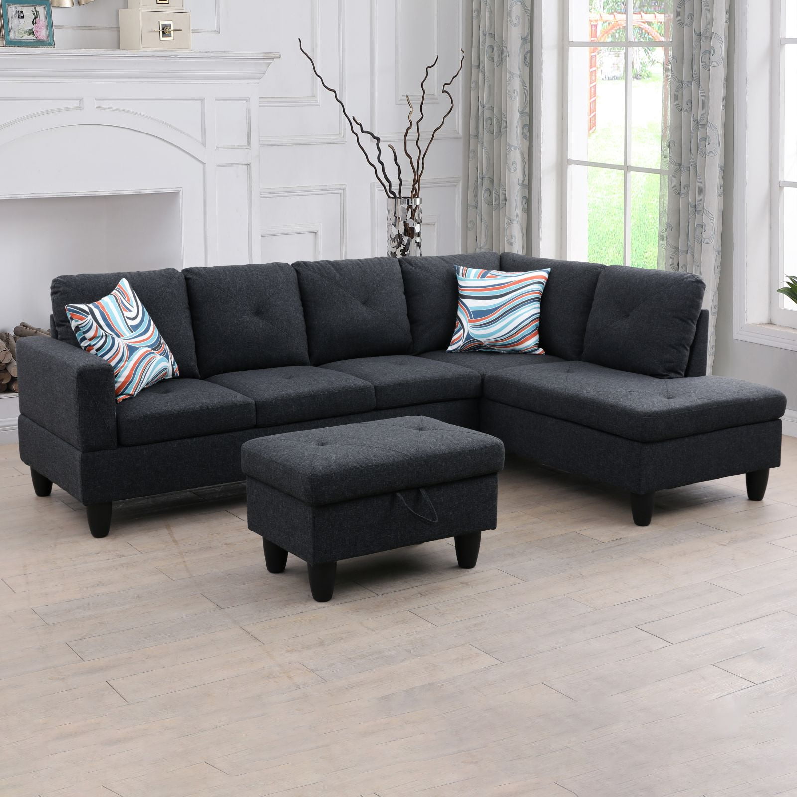 Hommoo Flannel Rectangular Storage Ottoman, Bench Tufted Footrest, Modern Lift Top Pouffe Ottoman for Living Room, Black Grey