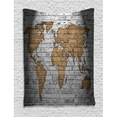 Wall Accessories Living Room Wanderlust Decor Wall Hanging Tapestry, World Map On Old Brick Wall Countries Continents Creative Aged Vintage Rough, Bedroom Living Room Dorm Accessories, By Ambesonne ()