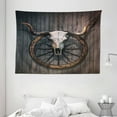 thumbnail image 1 of Barn Wood Wagon Wheel Tapestry, Long Horned Bull Skull and Old West Wagon Wheel on Rustic Wall, Wall Hanging for Bedroom Living Room Dorm Decor, 80W X 60L Inches, Black Brown White, by Ambesonne, 1 of 2