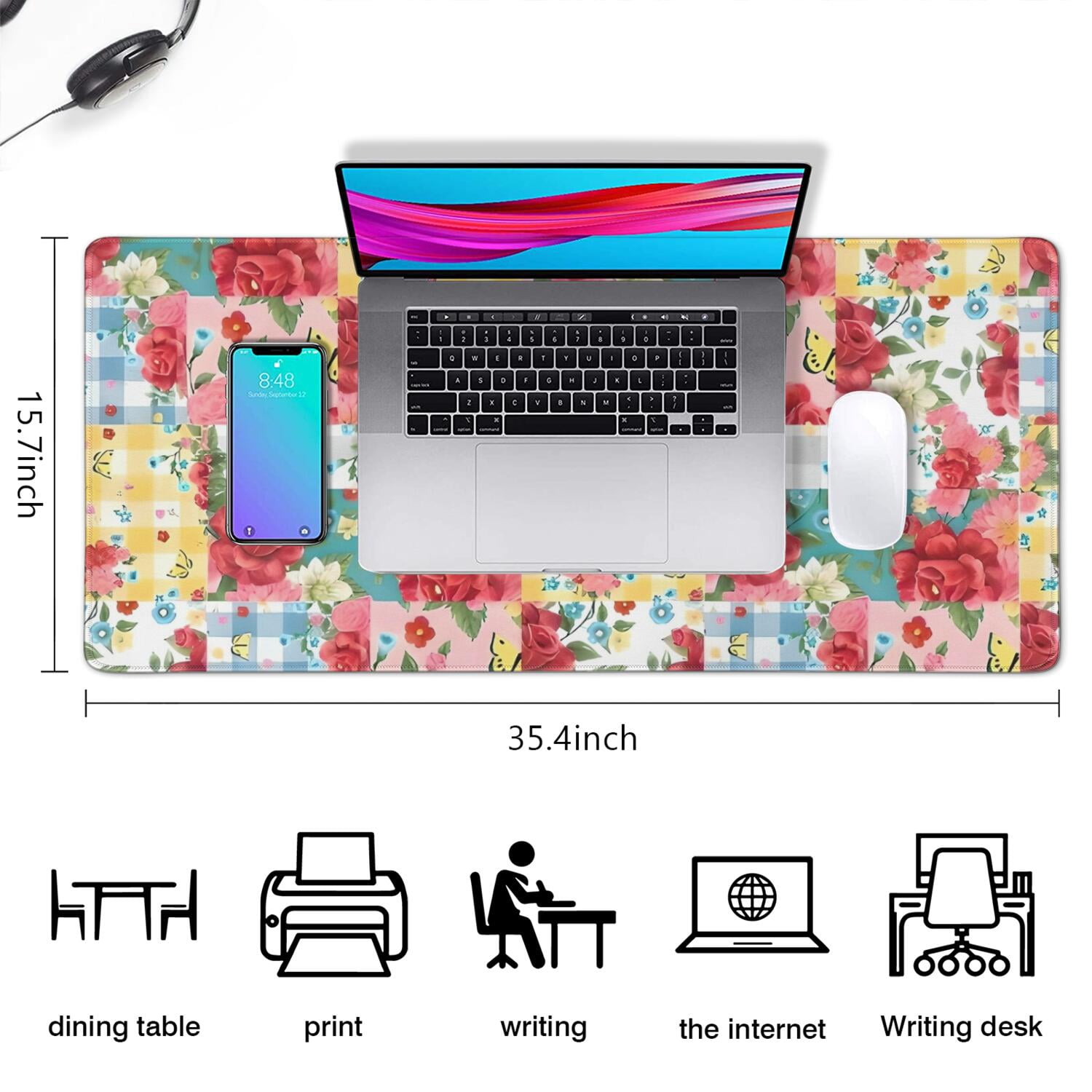 Long Mouse Pads for Desk,Pioneer Flower Floral Print Pattern Desk Mats on Top Of Desks, Desk Mouse Pad Extra Large with 3mm Non-Slip Base and Stitched Edge for Gaming,Office,Work,Home 35.4"x15.7"