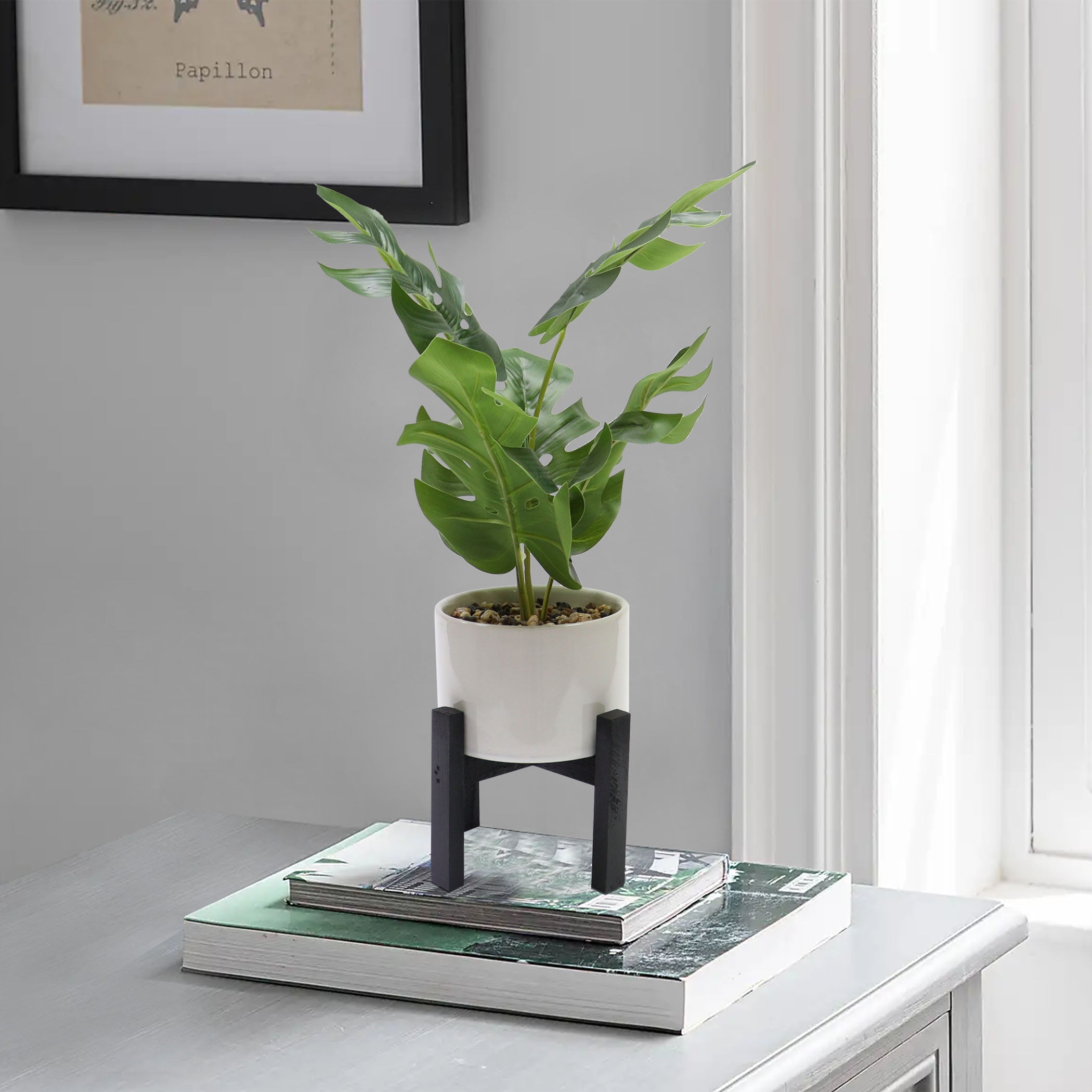 Nature's Mark 12.3”H Artificial Monstera Greenery in White Ceramic Planter with MDF Stand