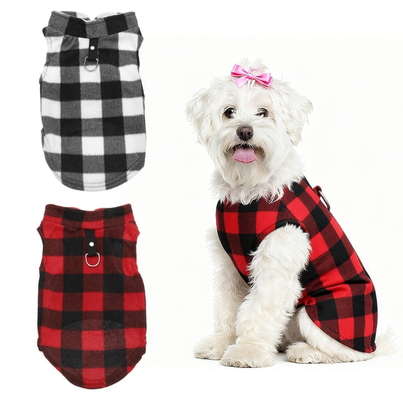 Uxcell Dogs Fleece Vest Sweater, Stretch Fleece Dog Coat with Leash Ring Winter Warm Pet Thick Clothes Soft (M, Checkered, Red Black/Black White, 2Pack), for Chihuahua/Bichon/Puppies/Kitten