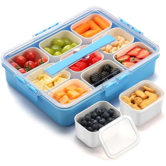 Snackle Box Container for Adults with 9 Compartment, Divided Serving Tray Snack Box Containers with Lid and Handle, Charcuterie Boxes Portable Snack Platter for Fruit Veggie Party Travel, Blue