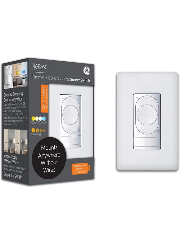 C by GE Wire-Free Dimmer + Color Control Smart Switch, Bluetooth, Battery Powered Smart Switch, Removable, White, 1-Pack