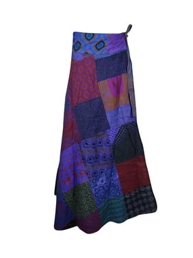 Mogul Women Blue,Purple Cotton Long Wrap Skirt Patchwork Design Printed Beach Cover Up Sarong Dresses