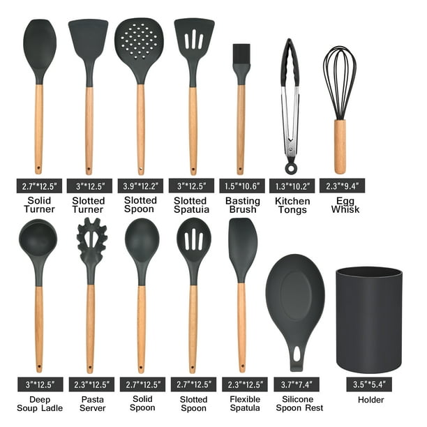29Pcs Kitchen Utensil Sets Silicone Cooking Set, Non-Stick and Heat Resistant Wooden Cooking Utensils Set, Kitchen Tools, Useful Pots and Pans Accessories and Kitchen Gadgets Set (Grey)