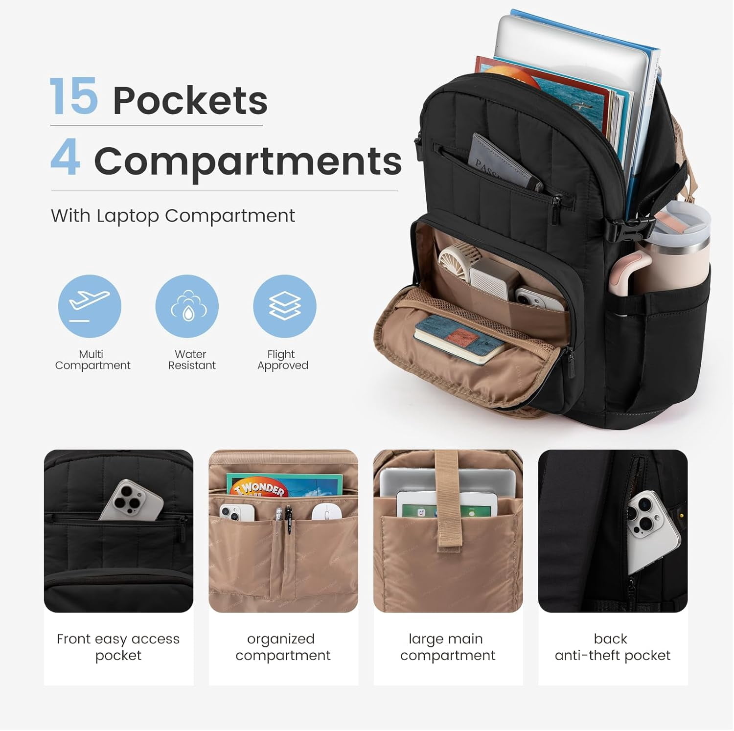 LOVEVOOK Laptop Backpack for Women with Pouch Pocket for Large Capacity Cup,15.6 Inch Lightweight Puffer Computer Laptop Bag Quilted Travel Backpack Purse for Work College Teacher Personal Item,Black