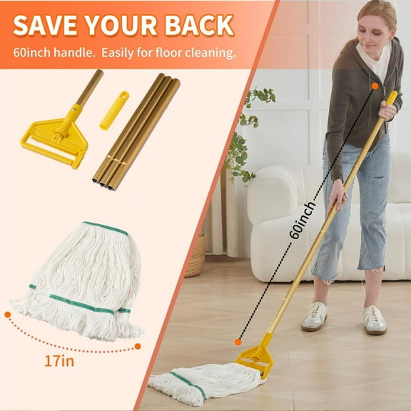 Heavy Duty Cotton Mop with 60 Inch Long Handle & 3  Heads for Floor Cleaning