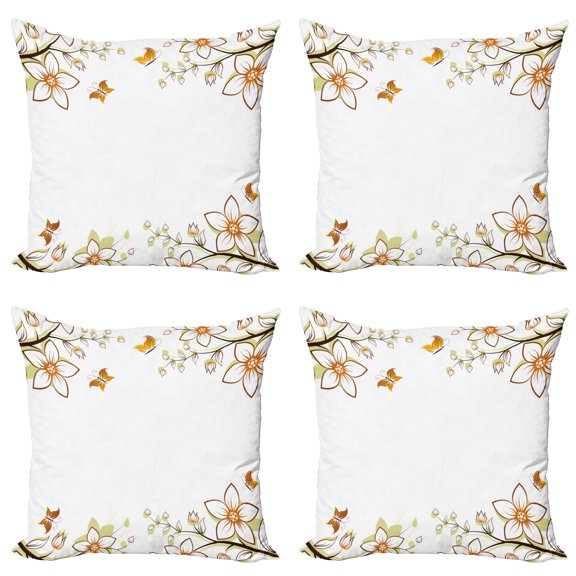 Ambesonne Floral Throw Pillow Cover 4 Pack, Leaves Branches Buds, 24", Pale Green Pale Brown