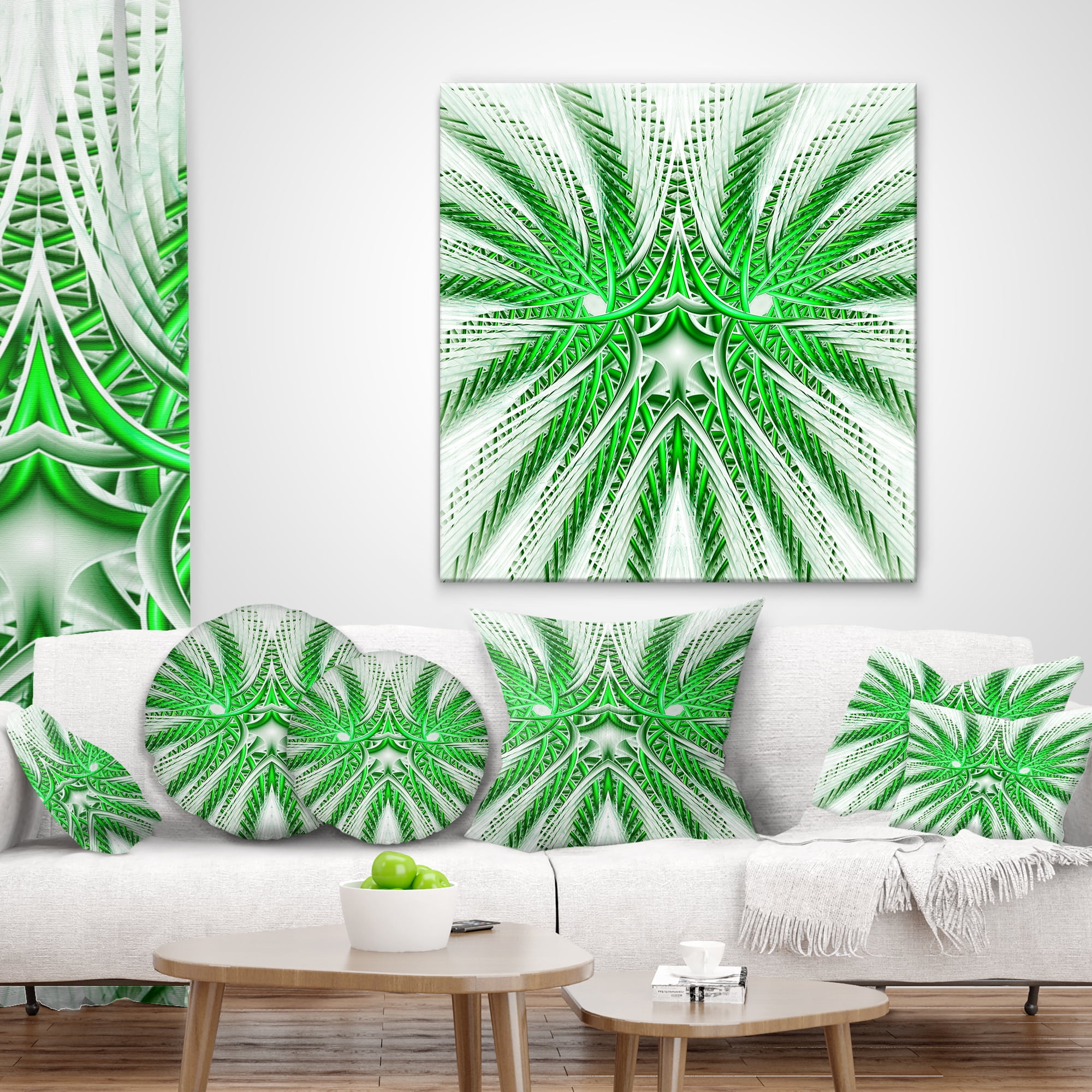 Designart Glowing Green Fractal Flower in White - Abstract Throw Pillow - 16x16