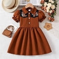 thumbnail image 4 of Girls Western Cowboy Dress, Kids Puff Short Sleeve Collared Denim Dress, Cowboy Boot Saddle Embroidery A-Line Casual Dress for Oktoberfest Daily Wear(Brown,9-10 Years), 4 of 4