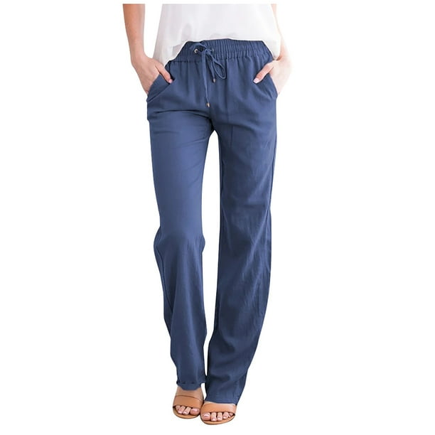 EINCcm Linen Pants for Women Women Casual Cotton And Linen Solid Drawstring  Elastic Waist Long Straight-leg Pants, Blue, XXL 