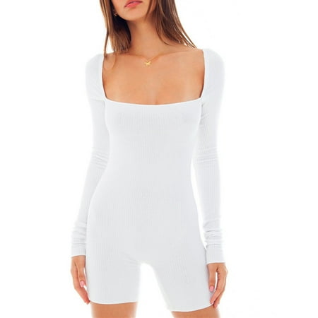 

Xsylife Women Tight Jumpsuit Pajamas Square Neck Long Sleeve Romper Ribbed Knit Yoga Sports Gym Bodysuit Steetwear