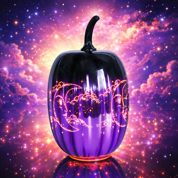 Ramadan Purple Glass Pumpkin Ornament with Enchanted Moon & Star Pattern and Built - in Fairy Lights for Ramadan Decor